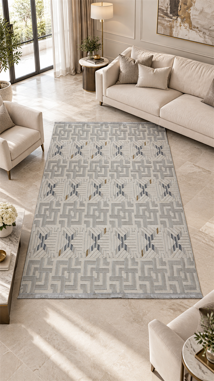 Silva Serisi Mavi Gold Geometrik Desenli Modern Halı | Sultan Halı