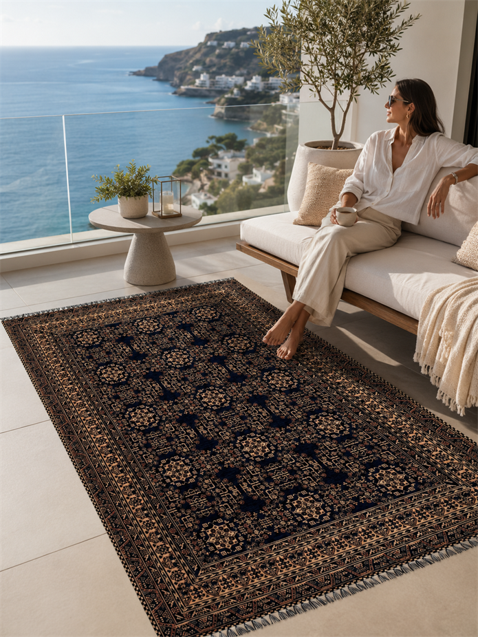 Siyah Renkli Afgan Tarzı Altı Kaymaz Yıkanabilir Şönil Kilim