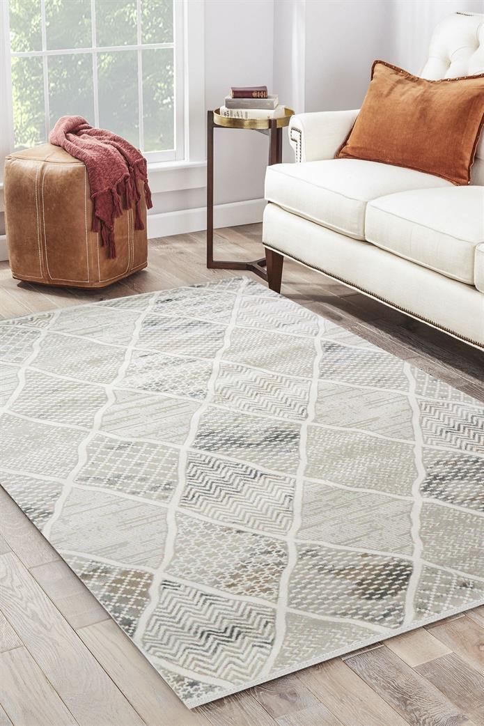 Sultan Erva Beyaz - Bej Modern Akrilik Makine Dokuma Salon Halısı - 4206
