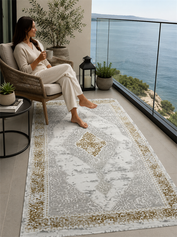 Sultan Erva Beyaz - Hardal Modern Akrilik Makine Dokuma Salon Halısı - 4210