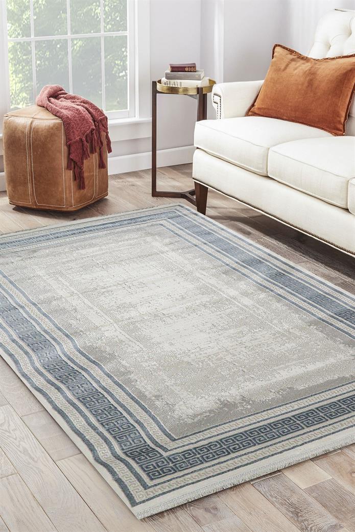 Sultan Erva Beyaz - Mavi Modern Akrilik Makine Dokuma Salon Halısı - 4203