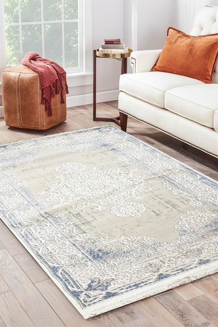 Sultan Erva Beyaz - Mavi Modern Akrilik Makine Dokuma Salon Halısı - 4201