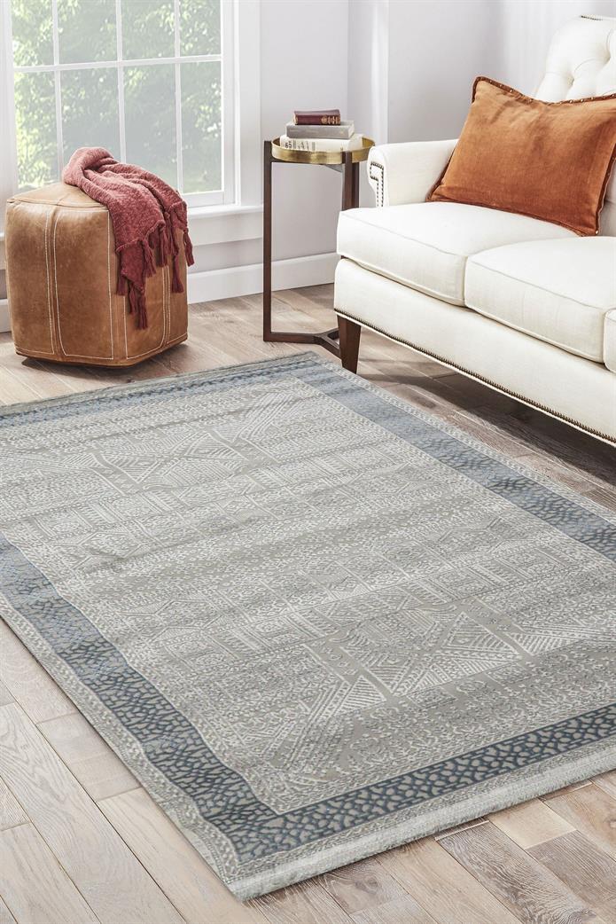 Sultan Erva Beyaz - Mavi Modern Akrilik Makine Dokuma Salon Halısı - 4202