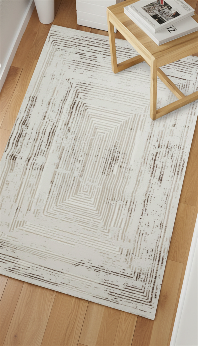 Sultan Serra Labirent Desen Krem Modern Akrilik Makine Dokuma Salon Halısı - 11308