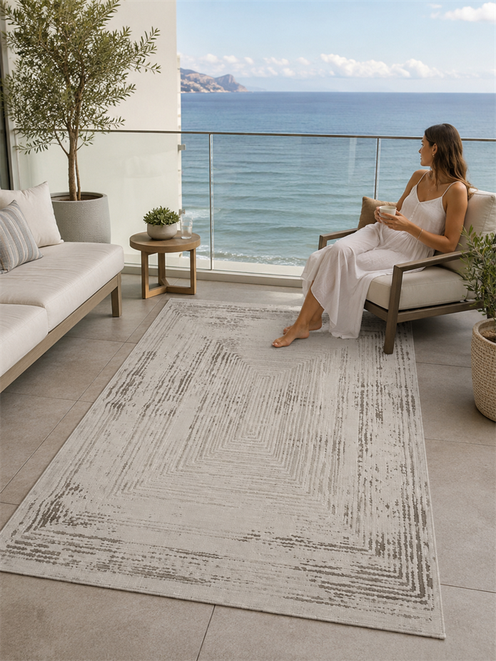 Sultan Serra Labirent Desen Krem Modern Akrilik Makine Dokuma Salon Halısı - 11308