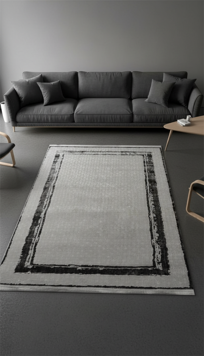 Sultan Zen Çerçeveli Desen Antrasit Modern Akrilik Makine Dokuma Salon Halısı - 6702