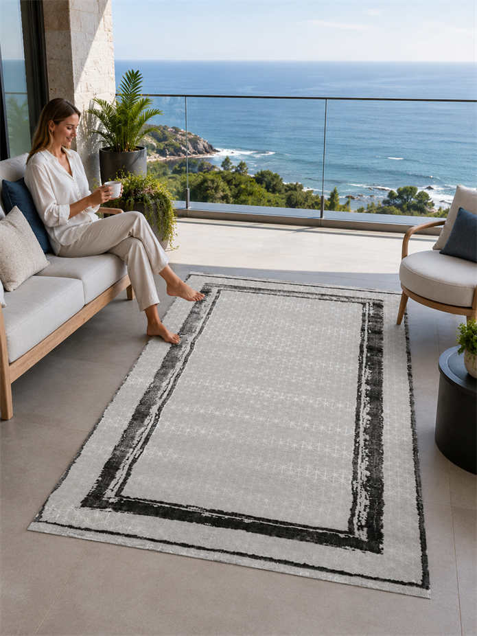 Sultan Zen Çerçeveli Desen Antrasit Modern Akrilik Makine Dokuma Salon Halısı - 6702