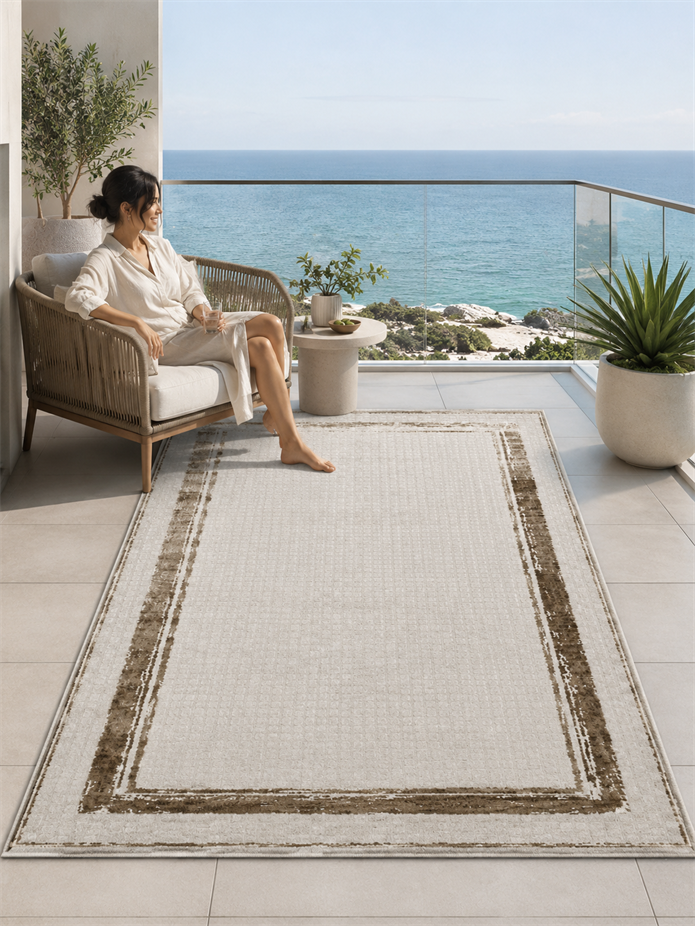 Sultan Zen Çerçeveli Desen Vizon Modern Akrilik Makine Dokuma Salon Halısı - 6601