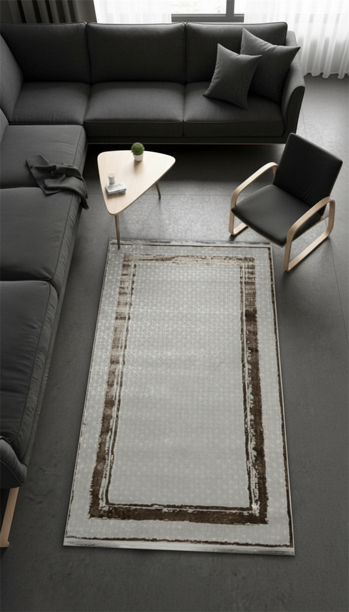 Sultan Zen Çerçeveli Desen Vizon Modern Akrilik Makine Dokuma Salon Halısı - 6601