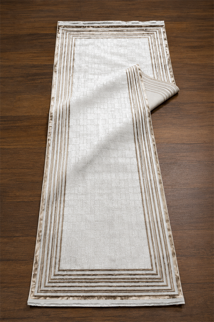 Sultan Zen Çizgili Çerçeveli Desen Vizon Modern Akrilik Makine Dokuma Salon Halısı - 6608