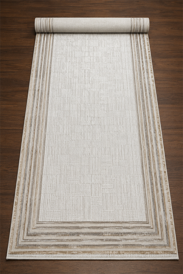 Sultan Zen Çizgili Çerçeveli Desen Vizon Modern Akrilik Makine Dokuma Salon Halısı - 6608