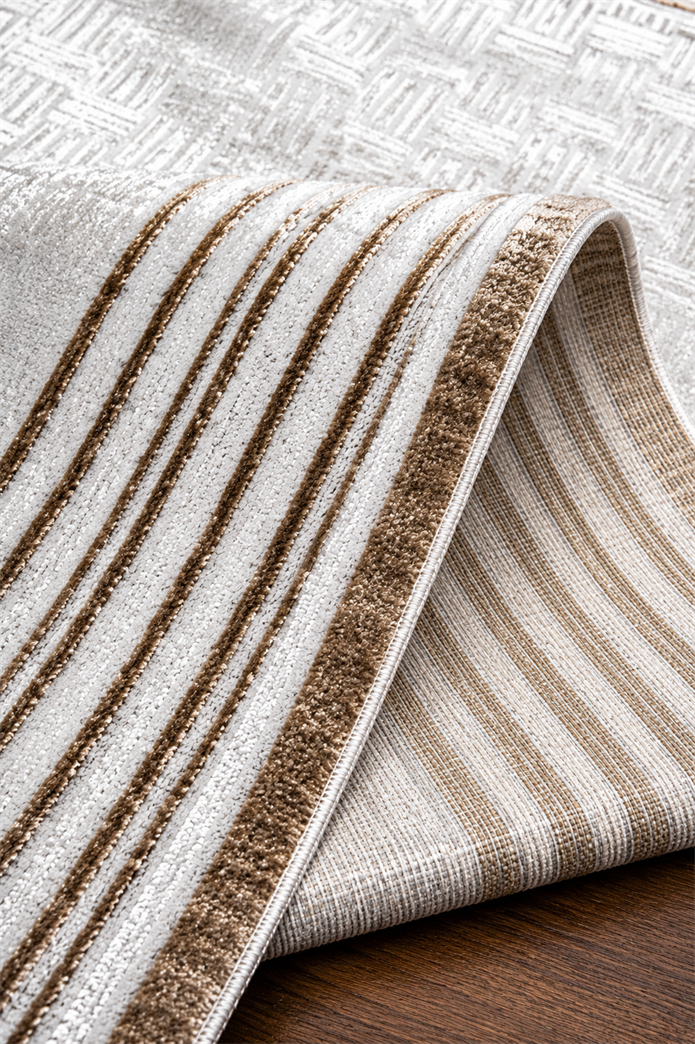Sultan Zen Çizgili Çerçeveli Desen Vizon Modern Akrilik Makine Dokuma Salon Halısı - 6608
