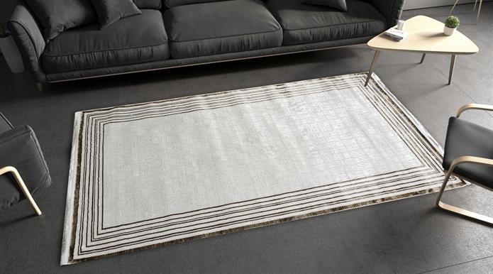 Sultan Zen Çizgili Çerçeveli Desen Vizon Modern Akrilik Makine Dokuma Salon Halısı - 6608