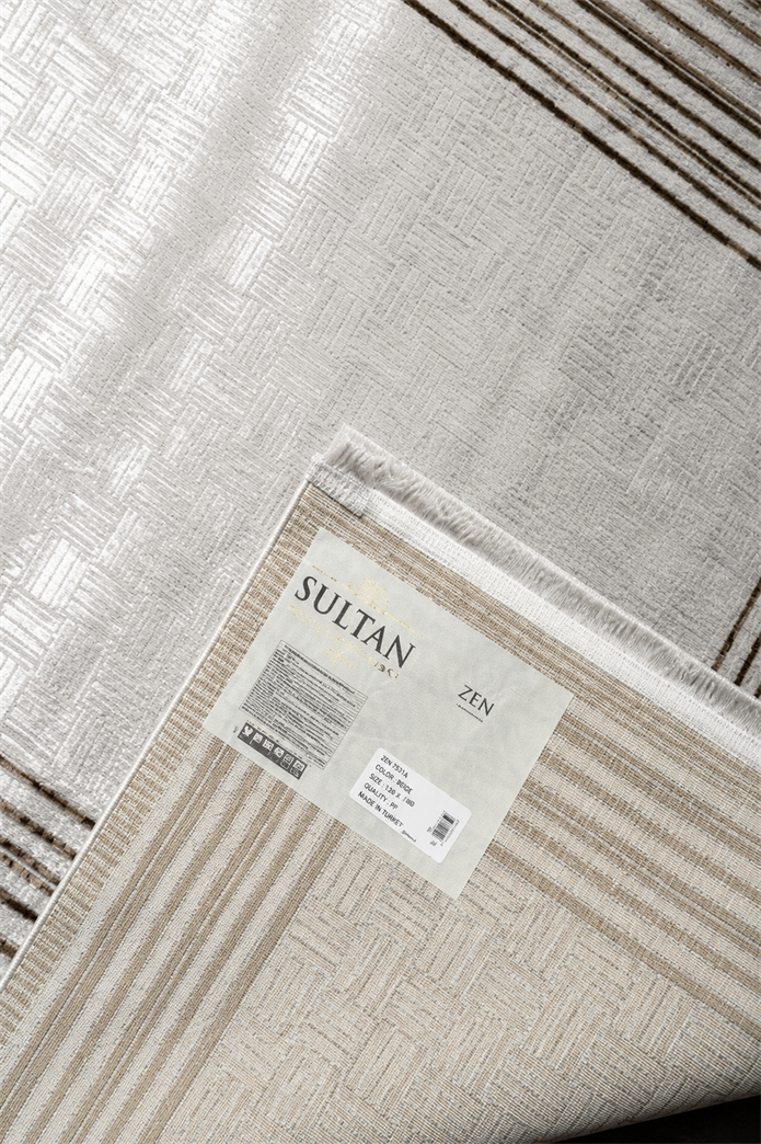 Sultan Zen Çizgili Çerçeveli Desen Vizon Modern Akrilik Makine Dokuma Salon Halısı - 6608