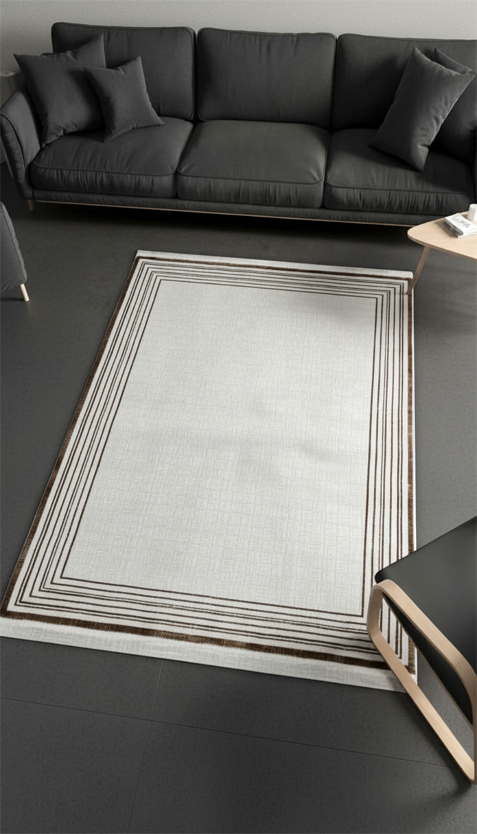 Sultan Zen Çizgili Çerçeveli Desen Vizon Modern Akrilik Makine Dokuma Salon Halısı - 6608
