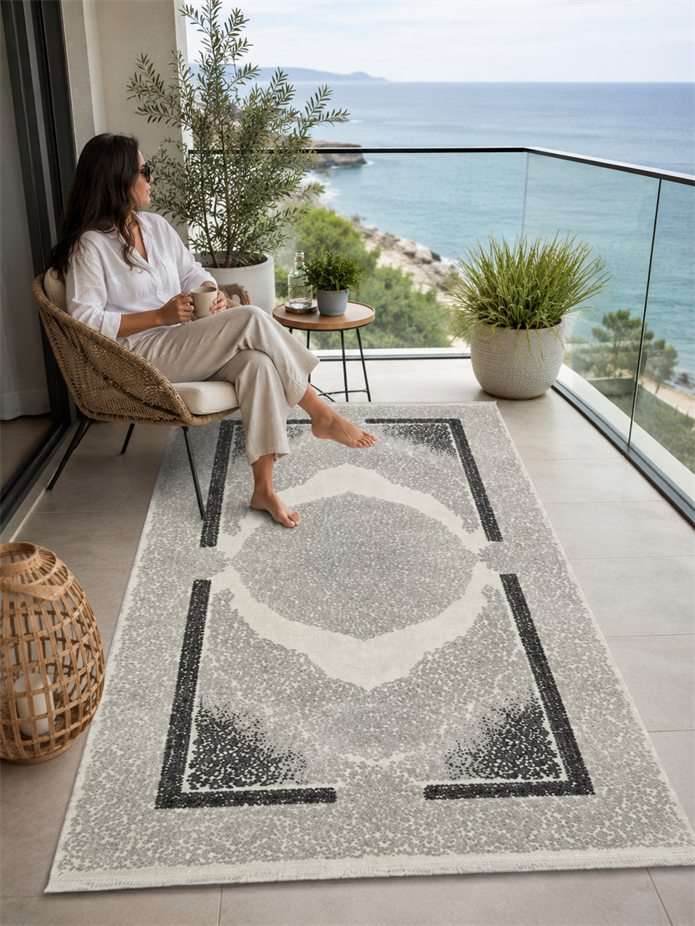 Sultan Zen Göbekli Desen Gri Modern Akrilik Makine Dokuma Salon Halısı - 6428