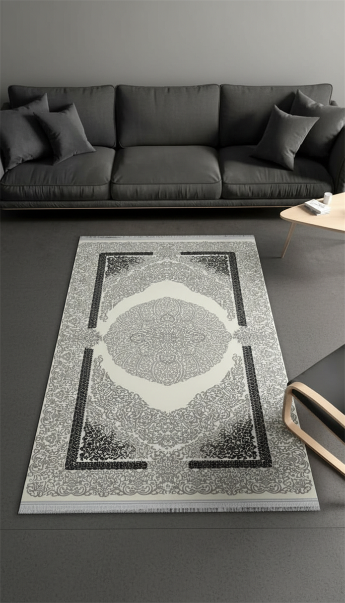 Sultan Zen Göbekli Desen Gri Modern Akrilik Makine Dokuma Salon Halısı - 6428