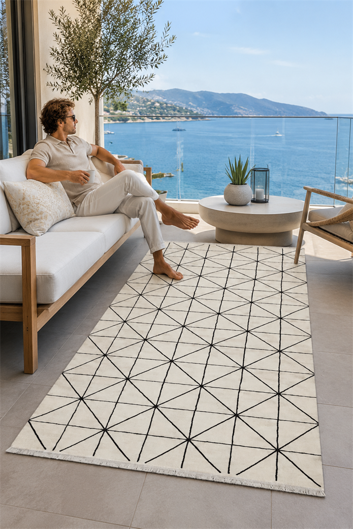 Sultan Zen Piramit Desen Krem Modern Akrilik Makine Dokuma Salon Halısı - 6422