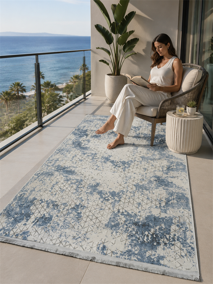 Sultan Zen Piramit Desen Mavi Modern Akrilik Makine Dokuma Salon Halısı - 6303