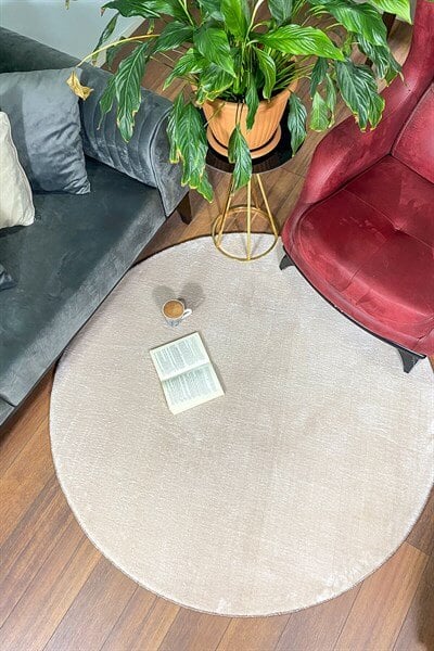 Sütlü Kahve Renkli Yumuşak Yüzeyli Kaydırmaz Yuvarlak Peluş Halı