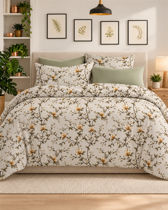 Tek Kişilik Desenli Krem Pamuklu Nevresim Takımı HT04 160X220