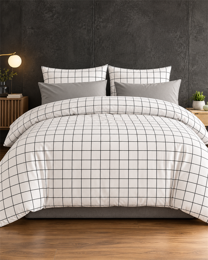 Tek Kişilik Desenli Beyaz Pamuklu Nevresim Takımı HT17 160X220