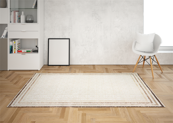 Viskon Naz Serisi Bej Çerçeve Desenli Saçaklı Pamuk Dokuma Taban Halı | 3062