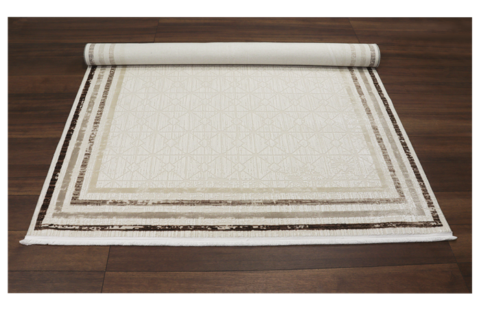 Viskon Naz Serisi Bej Çerçeve Desenli Saçaklı Pamuk Dokuma Taban Halı | 3062