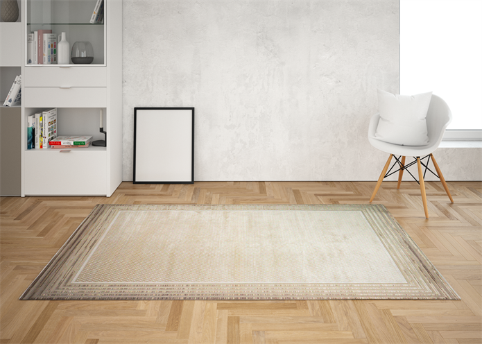 Viskon Naz Serisi Bej Eskitme Çerçeve Desenli Saçaklı Pamuk Dokuma Taban Halı | 3065