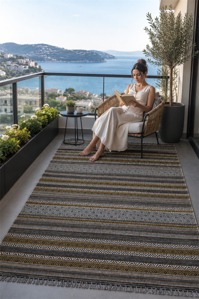 Yeşil Renkli Kaymaz Tabanlı Yıkanabilir Makine Dokuma Kilim