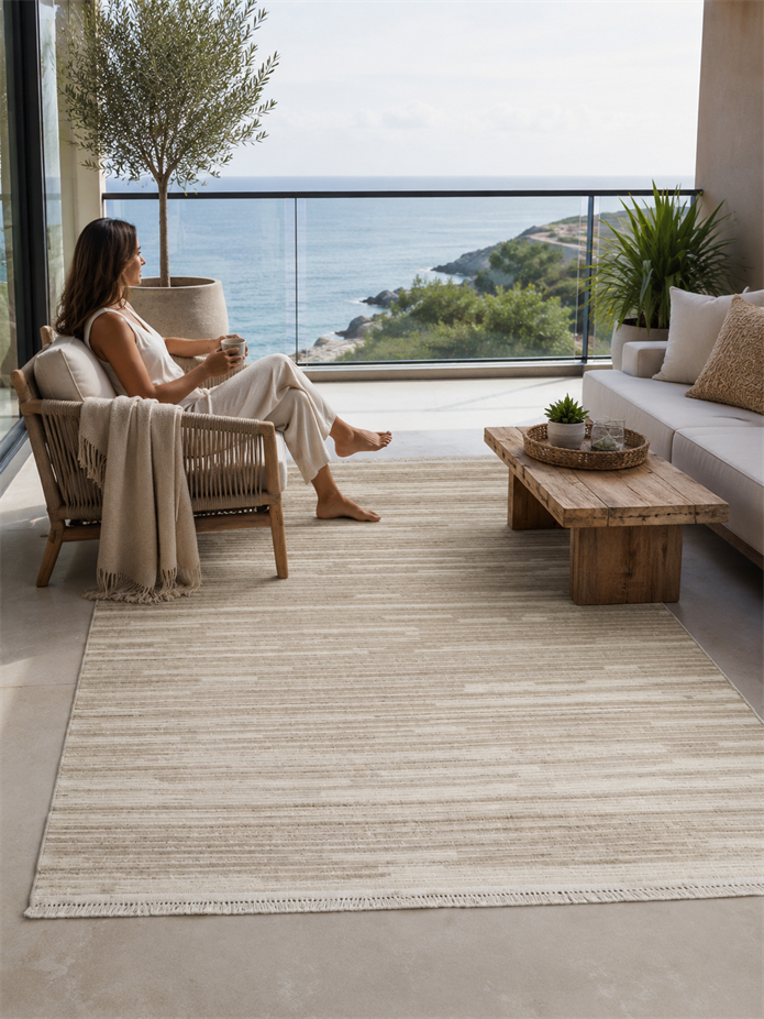 ZARA Serisi Krem Çizgili Modern Dekoratif Halı | GF723
