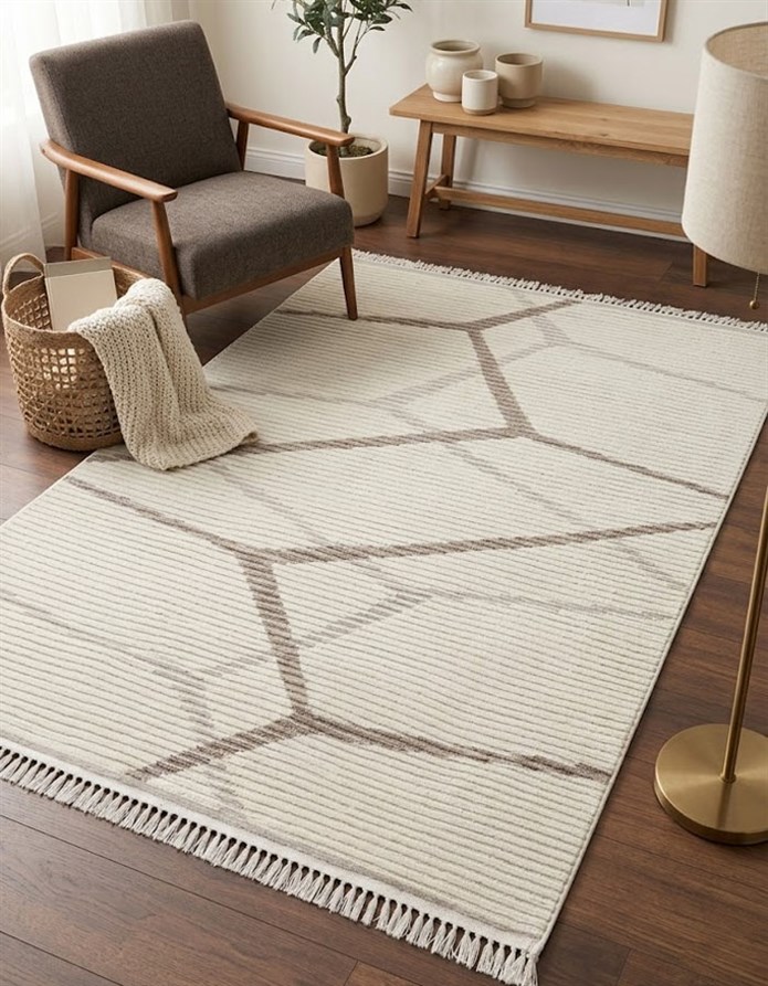 ZARA Serisi Krem Vizon Geometrik Desenli Modern Halı | GF711