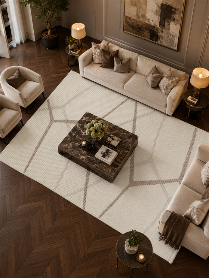 ZARA Serisi Krem Vizon Geometrik Desenli Modern Halı | GF711
