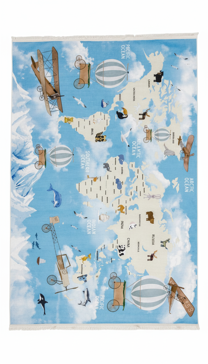 Zerda Dünya Haritası & Keşif Temalı Çocuk Odası Halı