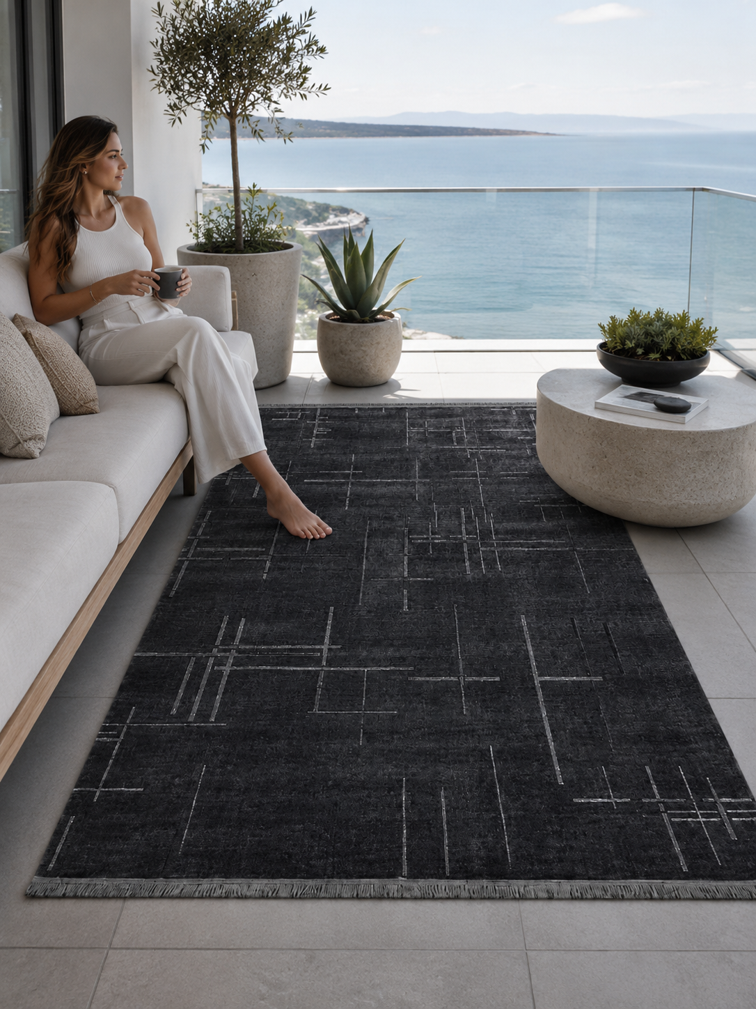 Antrasit Rengi Lotus Bambu Model Altı Kaymaz Makine Dokuma Halı