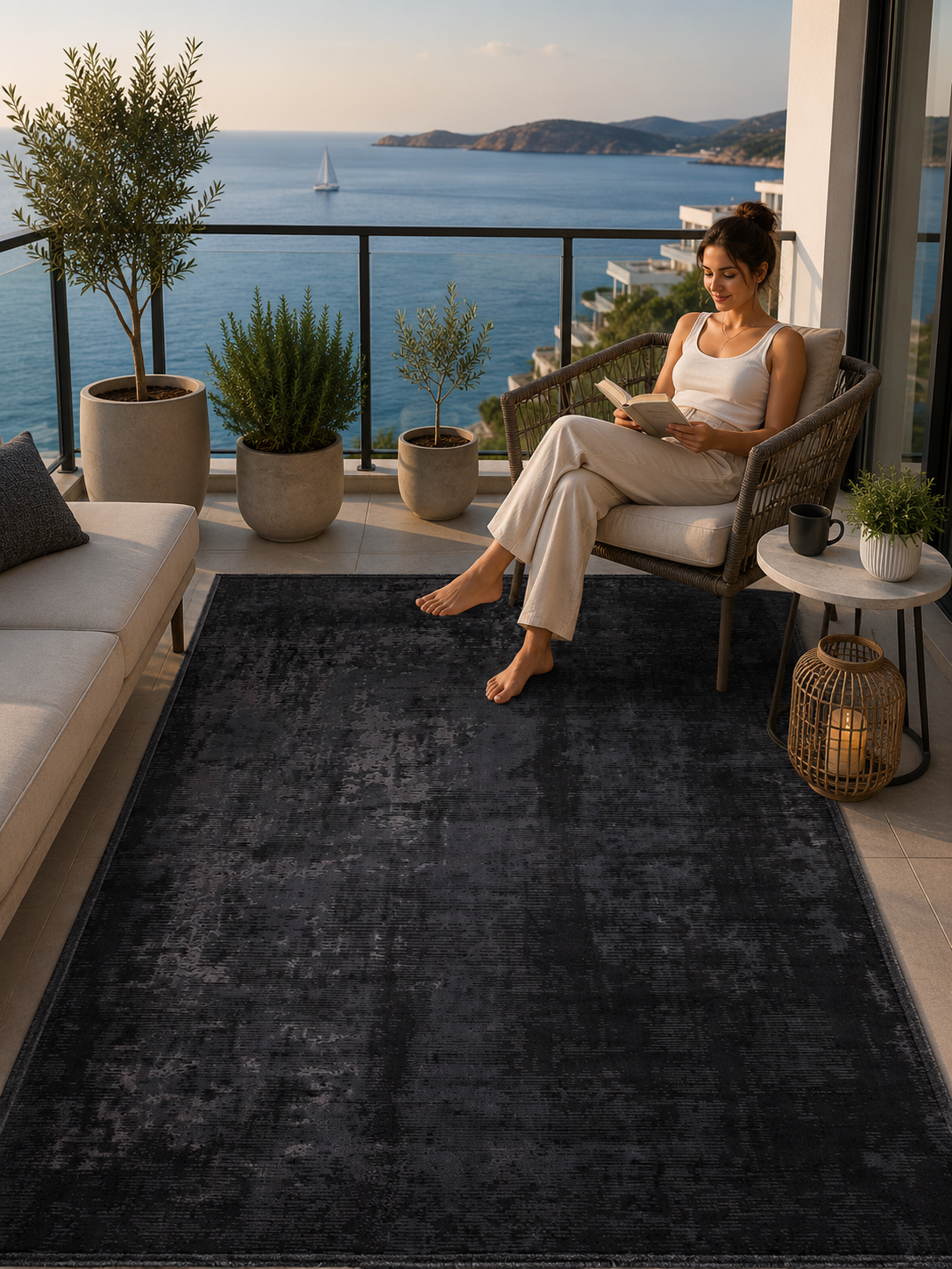 Antrasit Rengi Vintage Bambu Altı Kaymaz Makine Dokuma Halı