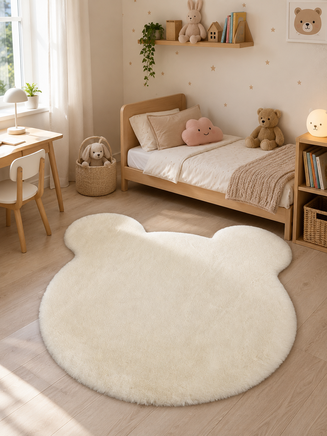 Ayıcık Kafası Şekilli Beyaz Peluş Halı