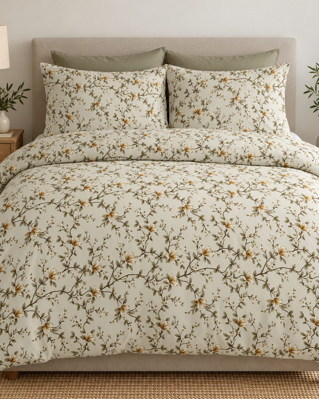 Çift Kişilik Desenli Krem Yeşil Yastıklı Nevresim Takımı HÇ13 200x220