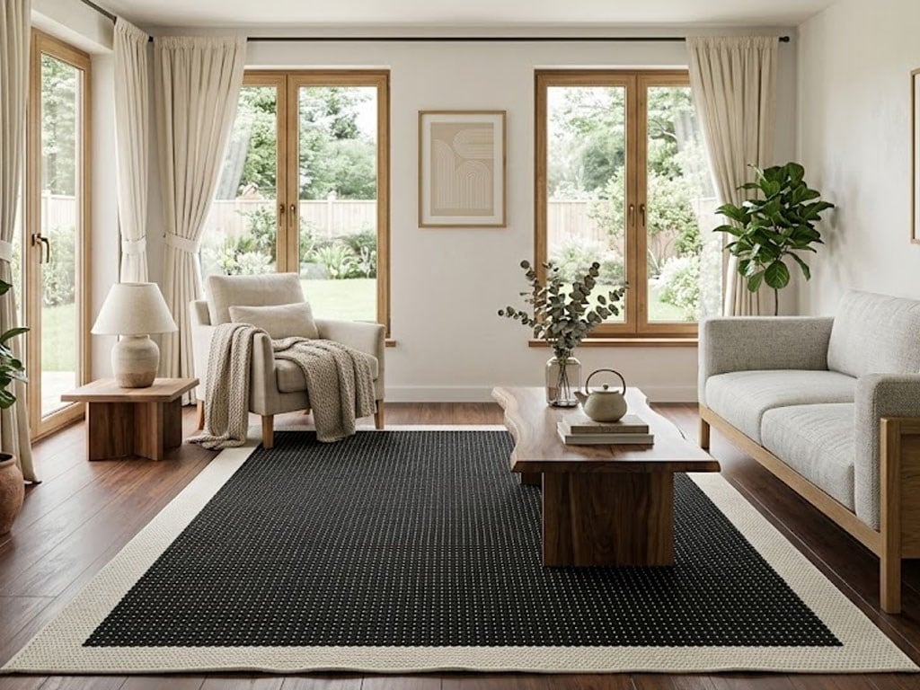 Derin Sisal Krem Bordürlü Siyah Jüt Sisal Dekoratif Kaymaz Taban Yıkanabilir Halı / ST05