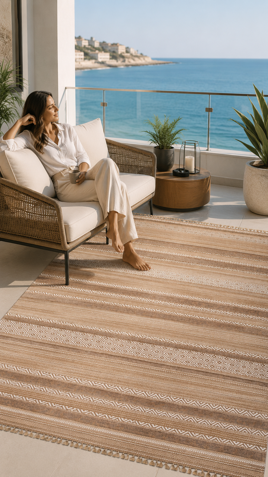Ekru Renkli Kaymaz Tabanlı Yıkanabilir Makine Dokuma Kilim