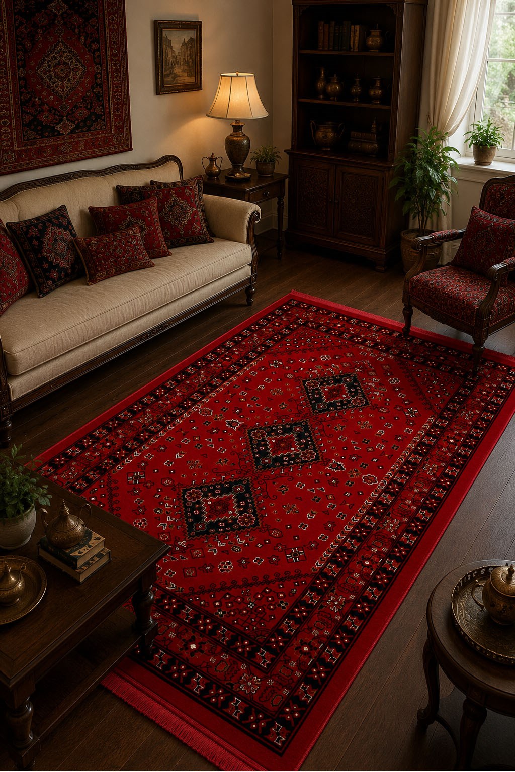 Kırmızı Afgan Tarzı Altı Kaymaz Yıkanabilir Şönil Kilim & Halı