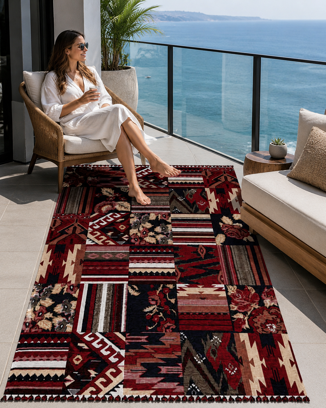 Kırmızı Renkli Afgan Tarzı Altı Kaymaz Yıkanabilir Şönil Kilim