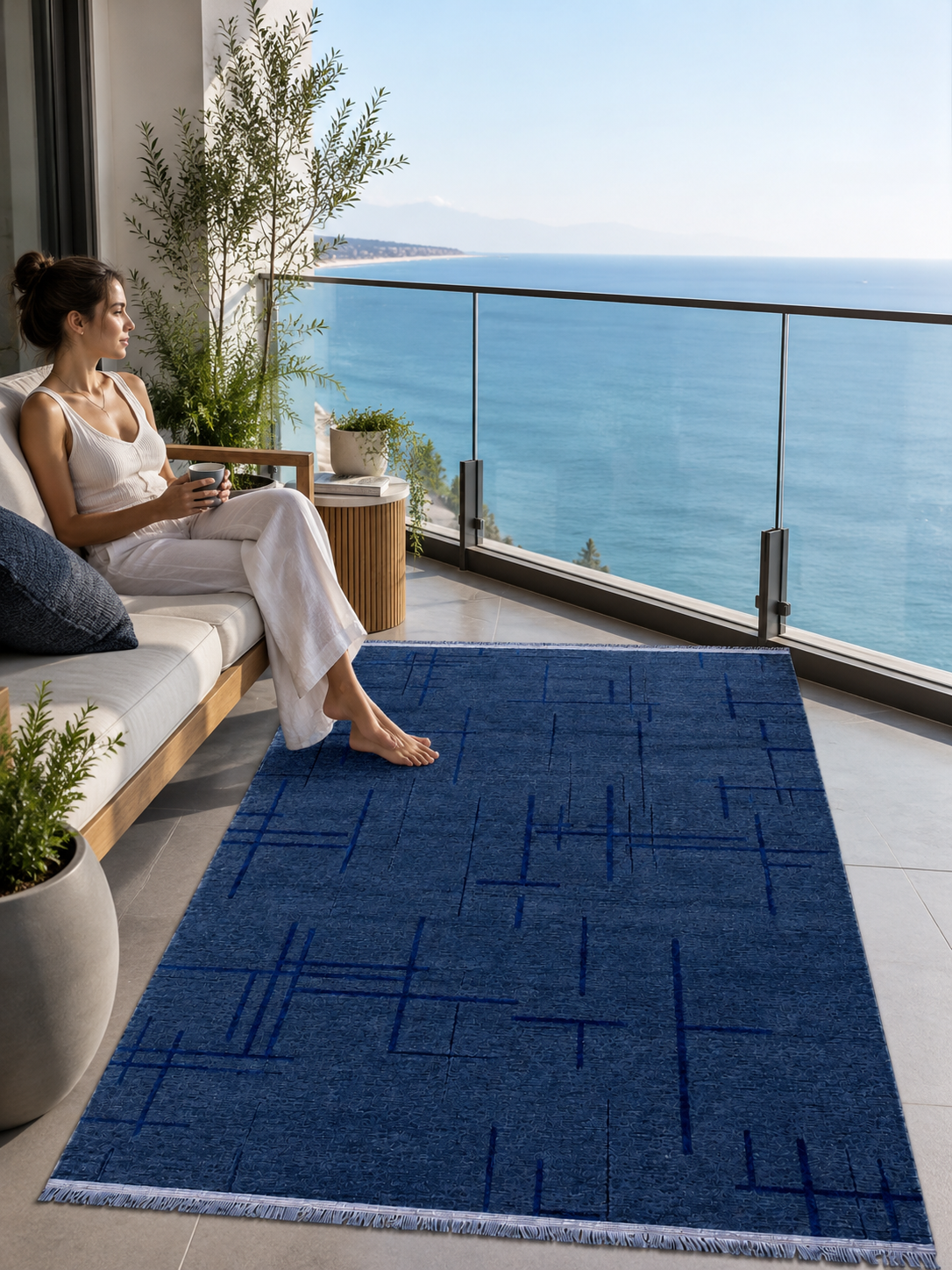 Lacivert Renk Lotus Bambu Model Altı Kaymaz Makine Dokuma Halı