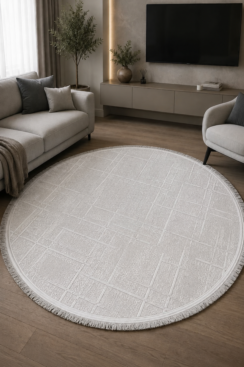 Lotus Bambu Model Altı Kaymaz Yuvarlak Makine Dokuma Halı Beyaz