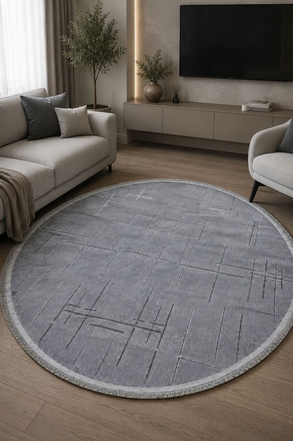 Lotus Bambu Model Altı Kaymaz Yuvarlak Makine Dokuma Halı Gri