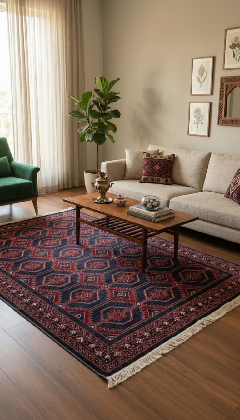 NAKIŞ Serisi Lacivert Kırmızı Geometrik Motifli Şık Salon Halısı | AF316 NAVY