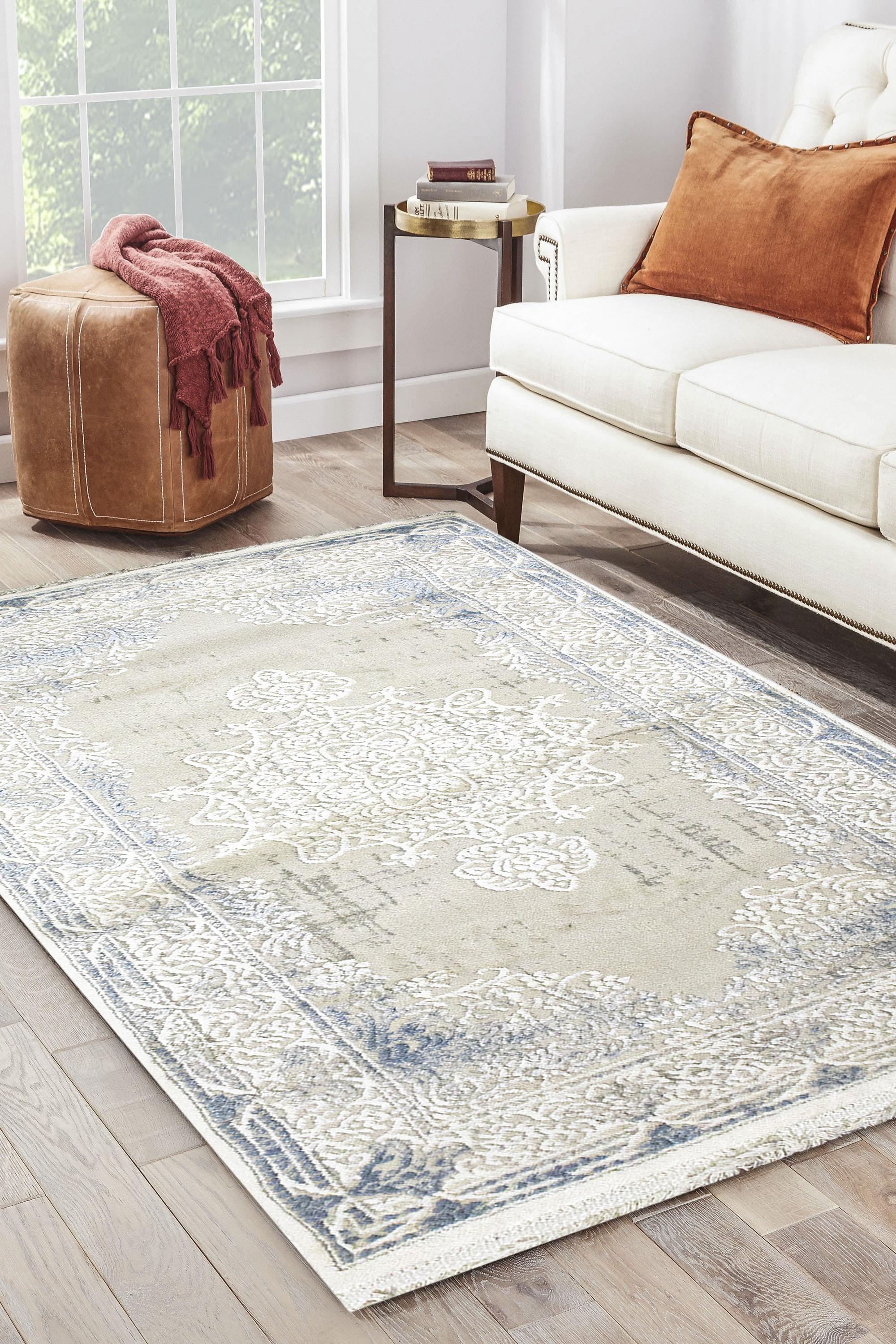 Sultan Erva Beyaz - Mavi Modern Akrilik Makine Dokuma Salon Halısı - 4201