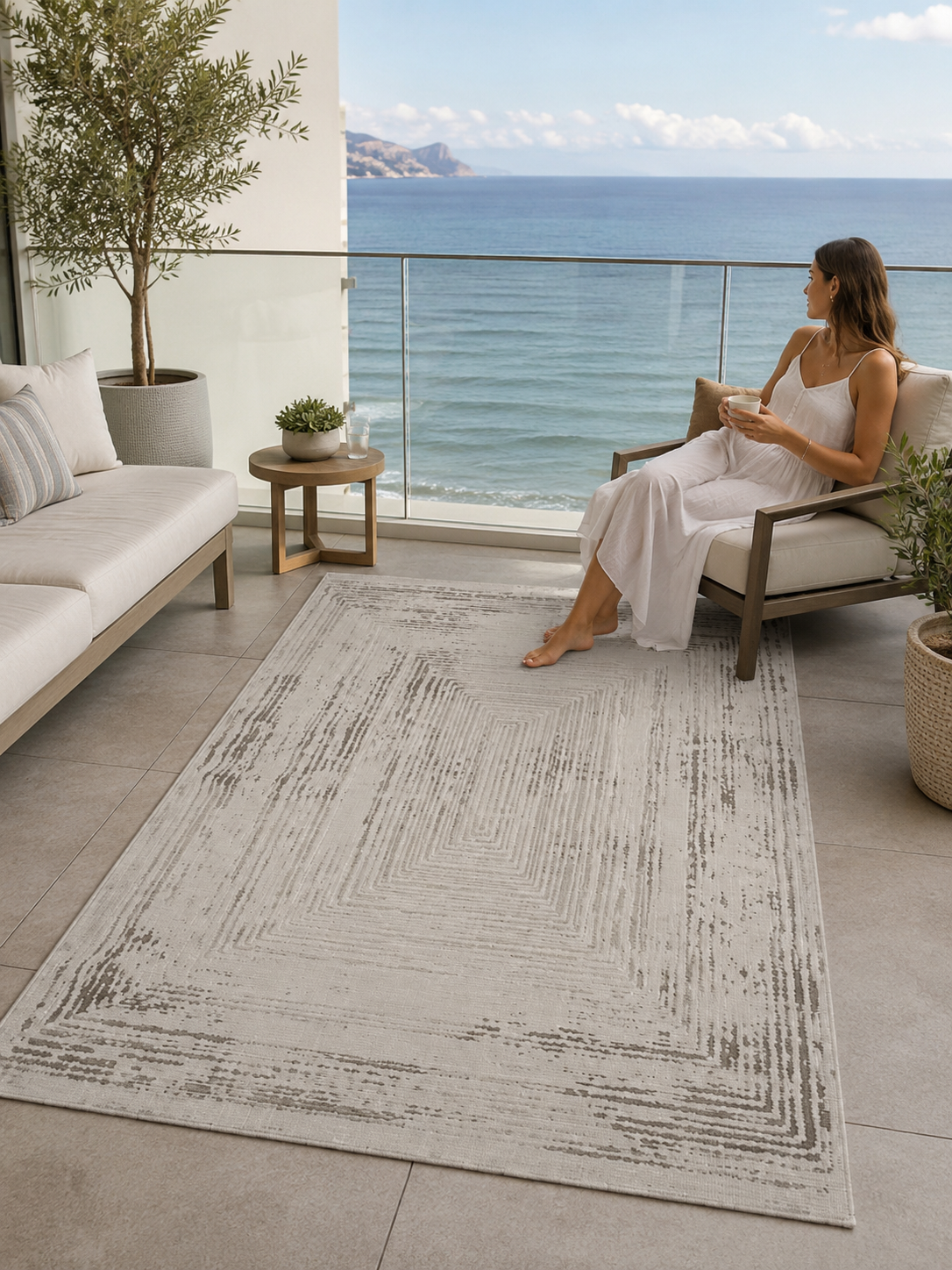 Sultan Serra Labirent Desen Krem Modern Akrilik Makine Dokuma Salon Halısı - 11308
