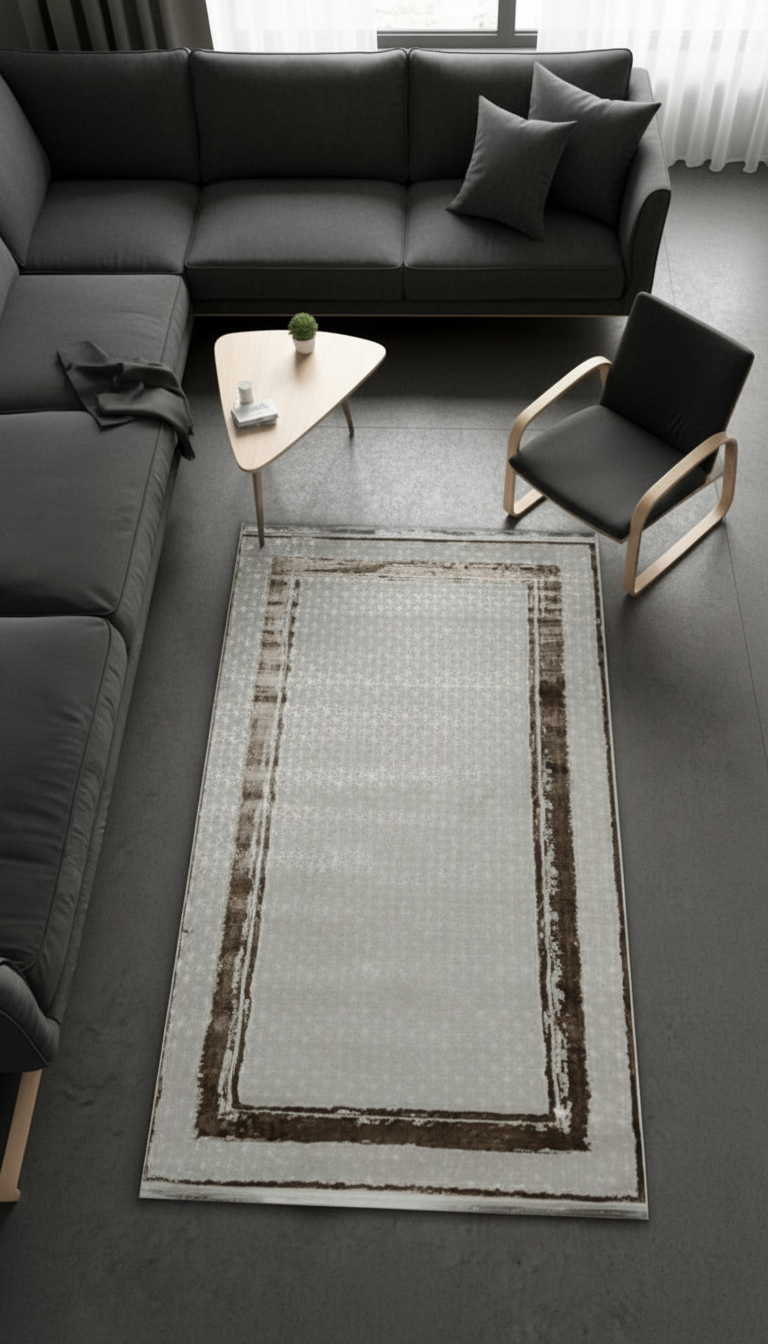 Sultan Zen Çerçeveli Desen Vizon Modern Akrilik Makine Dokuma Salon Halısı - 6601