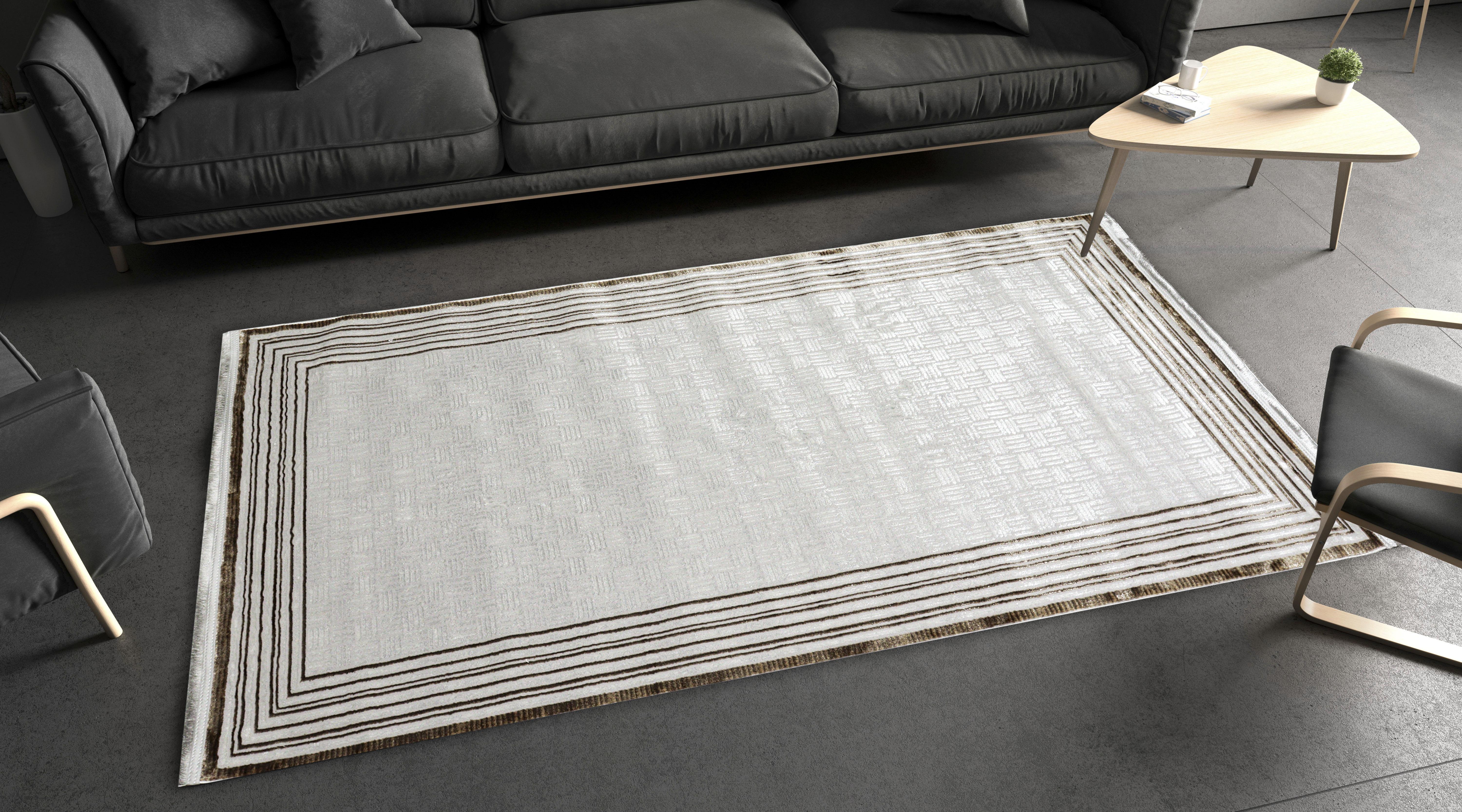 Sultan Zen Çizgili Çerçeveli Desen Vizon Modern Akrilik Makine Dokuma Salon Halısı - 6608